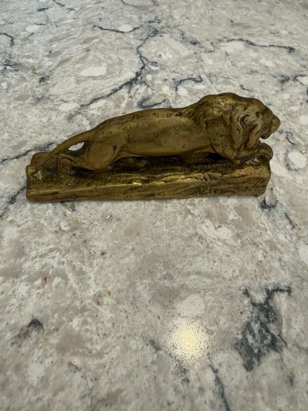 Vintage Heavy Brass Crouching Lion Figure Paperweight 5" JL